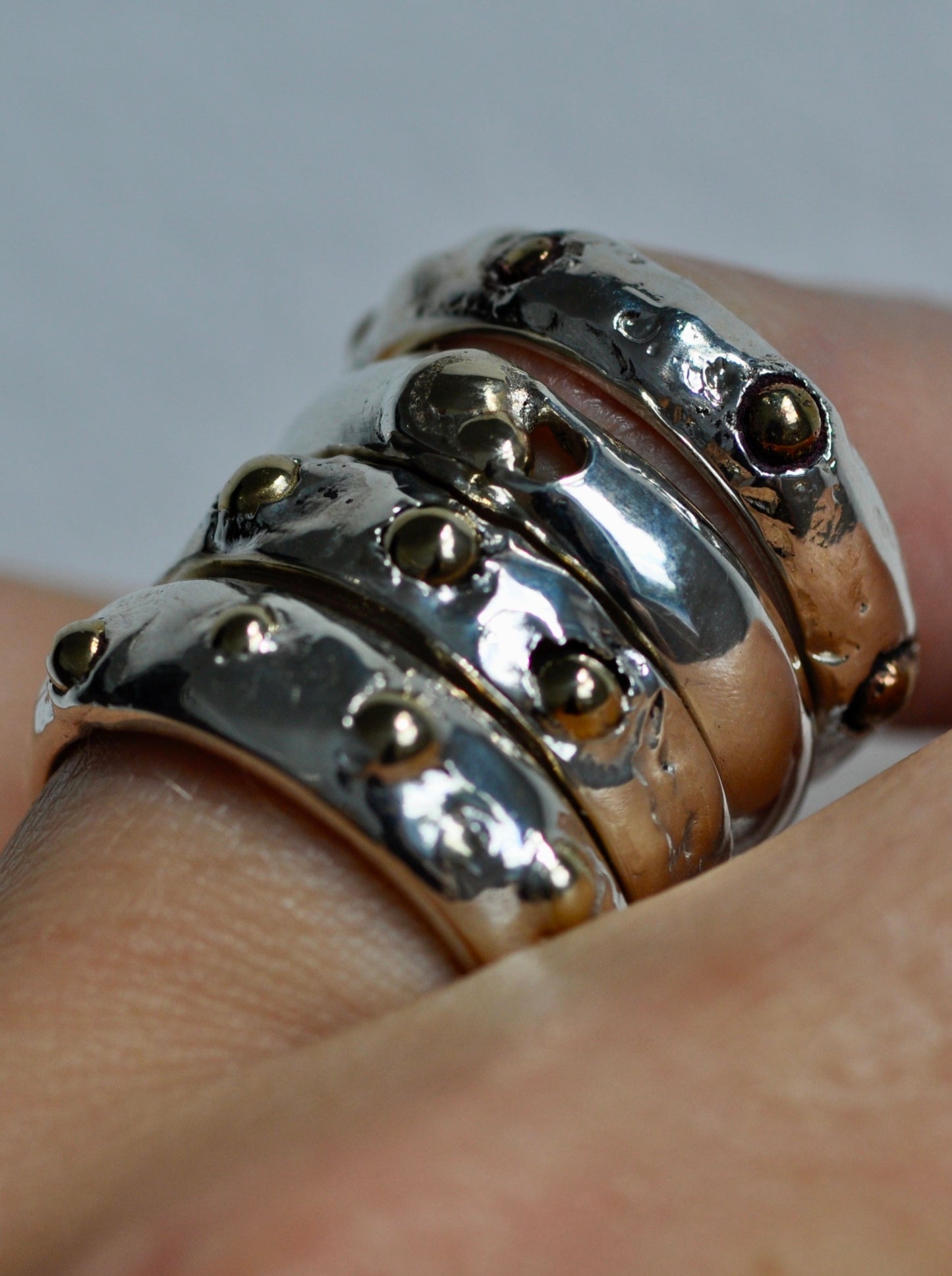 A sterling silver stacked ring with ancient grain gemstone bronze bubbles, stacking jewellery
