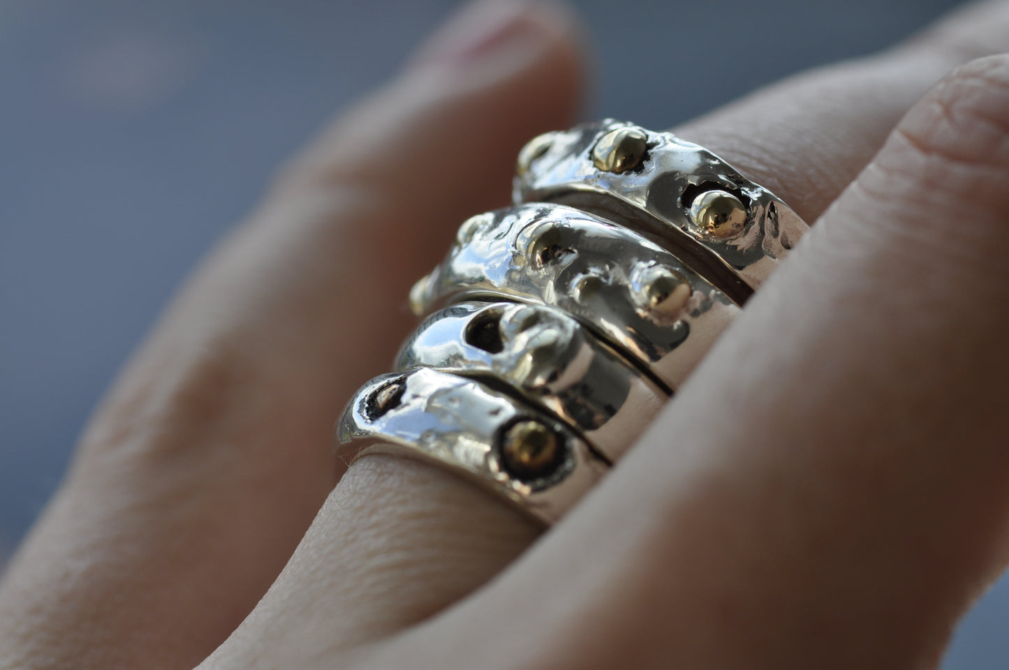 A sterling silver stacked ring with ancient grain gemstone bronze bubbles, stacking jewellery