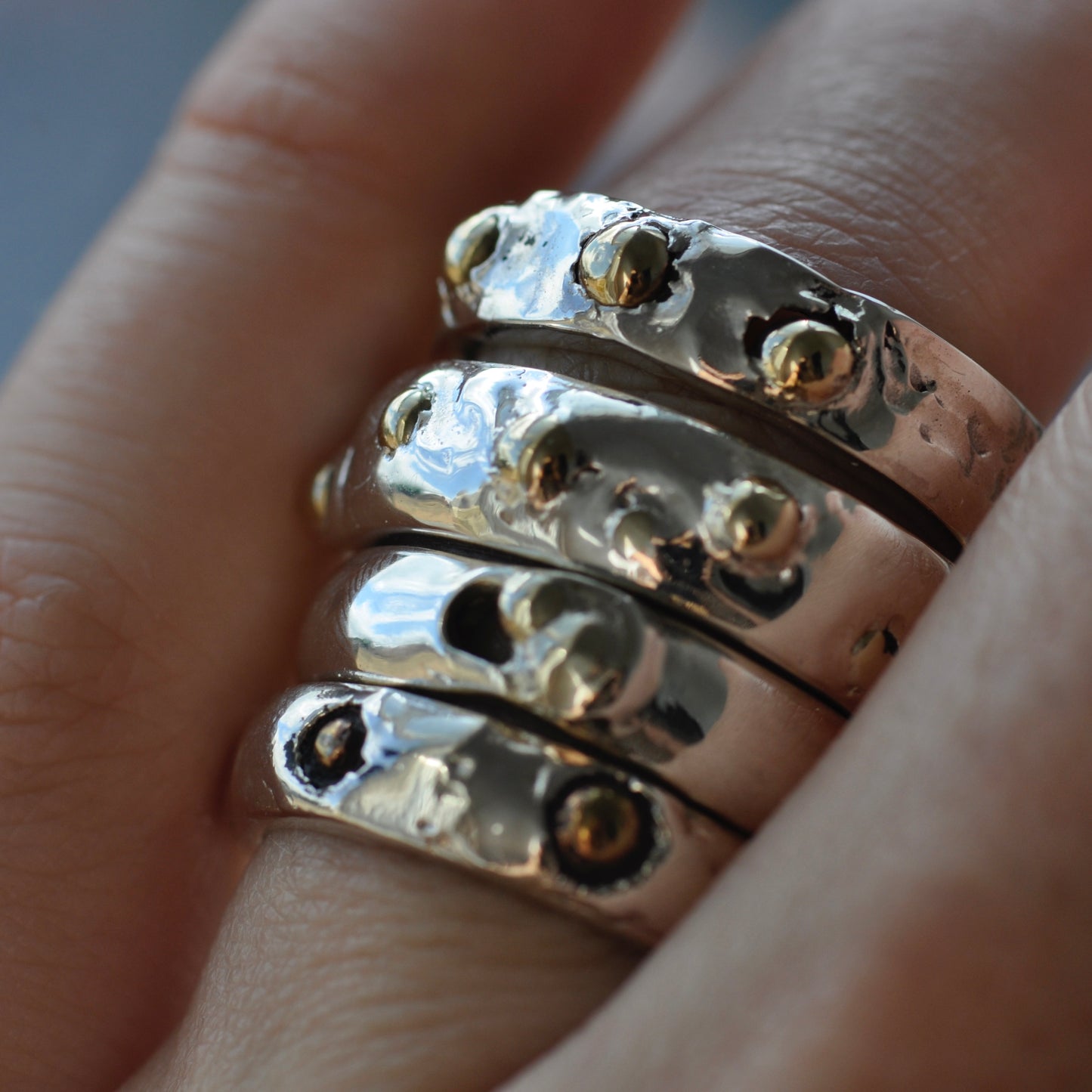 A sterling silver stacked ring with ancient grain gemstone bronze bubbles, stacking jewellery
