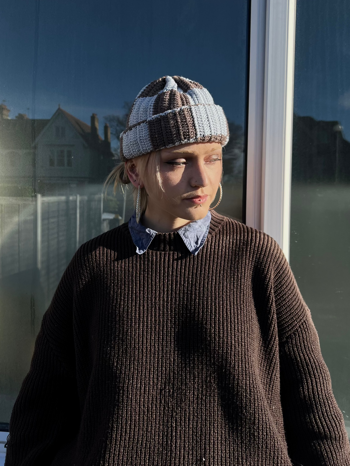 Check Taupe Beanie