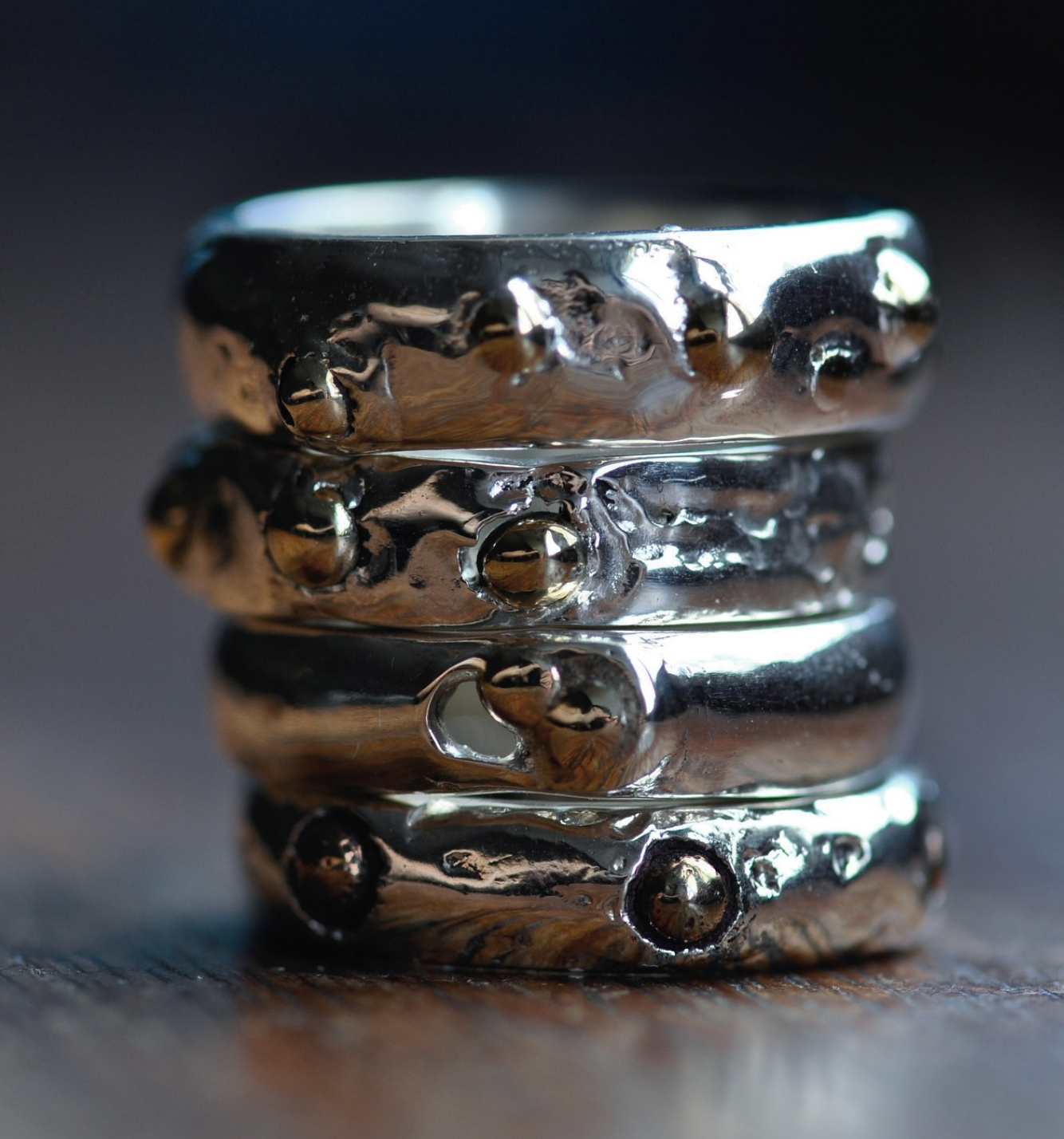 A sterling silver stacked ring with ancient grain gemstone bronze bubbles, stacking jewellery