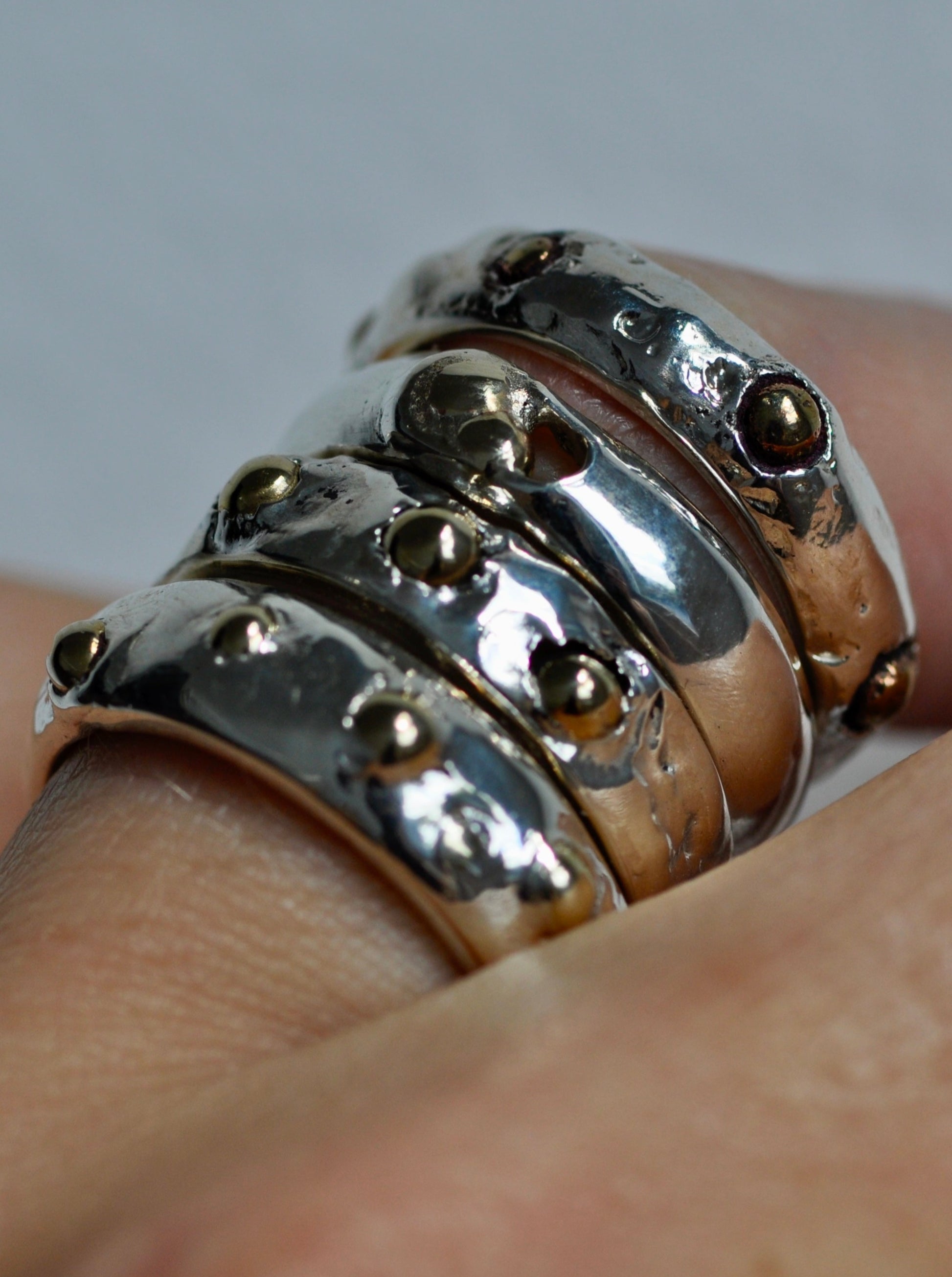 A sterling silver stacked ring with ancient grain gemstone bronze bubbles, stacking jewellery 