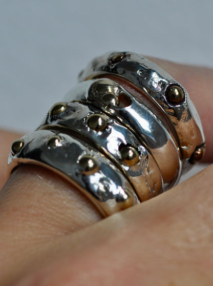 A sterling silver stacked ring with ancient grain gemstone bronze bubbles, stacking jewellery 