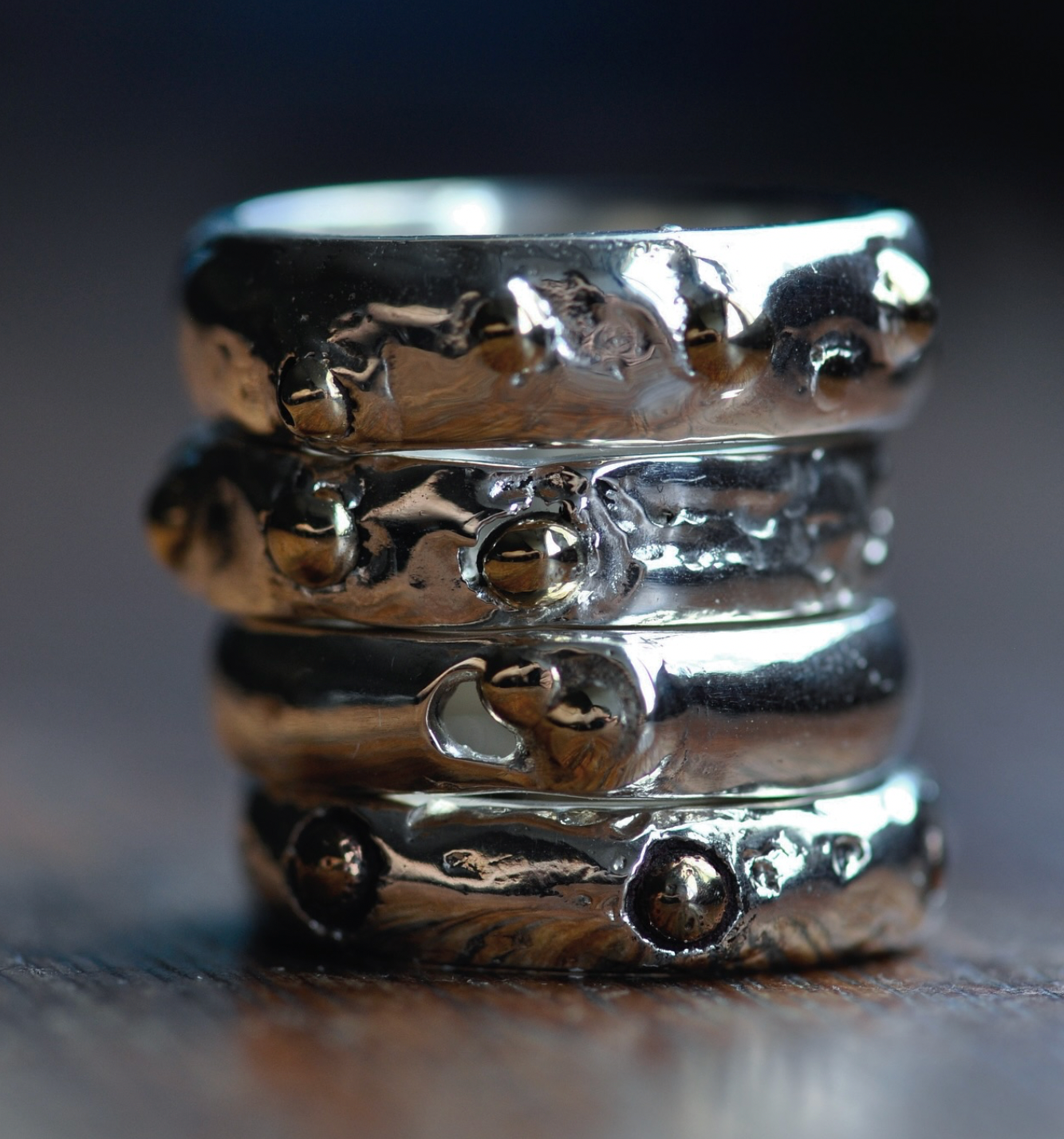 A sterling silver stacked ring with ancient grain gemstone bronze bubbles, stacking jewellery 